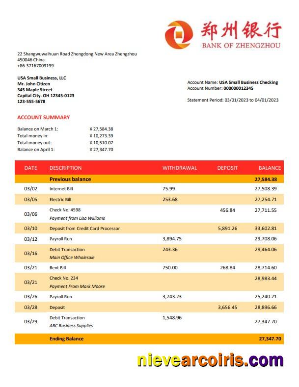 Bank of Zhengzhou firm account statement